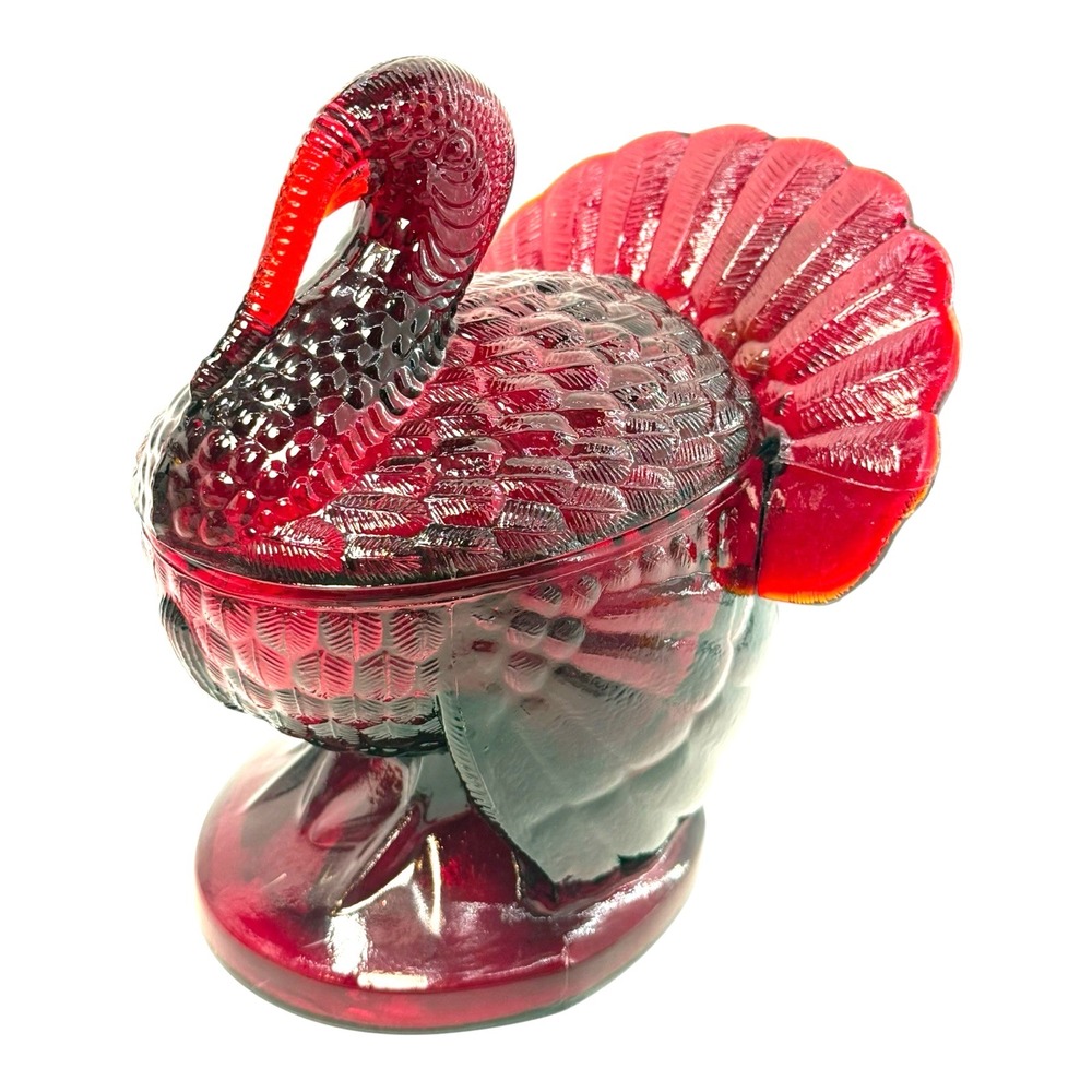 L.E. Smith Amberina Glass Turkey Covered Candy Dish UV Glow Thanksgiving Vintage
